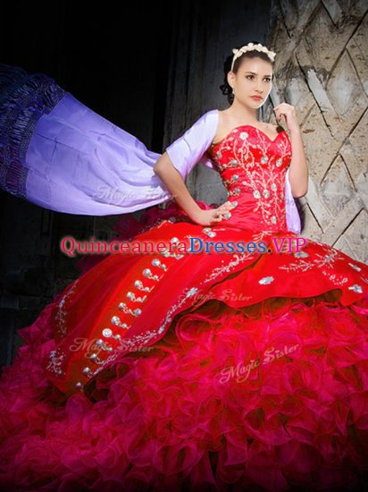 Nice Red Sleeveless Brush Train Embroidery and Ruffles Vestidos de Quinceanera - Click Image to Close