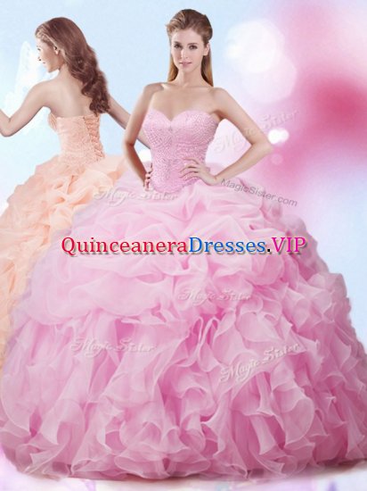 Pick Ups Sweetheart Sleeveless Brush Train Lace Up 15 Quinceanera Dress Rose Pink Organza - Click Image to Close