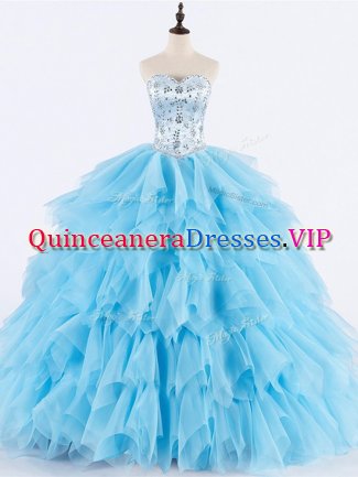 Baby Blue Sweetheart Neckline Beading and Ruffles Vestidos de Quinceanera Sleeveless Lace Up