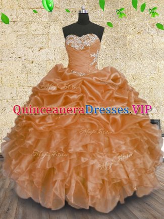 Hot Sale Beading and Appliques and Ruffles and Sequins Quince Ball Gowns Orange Lace Up Sleeveless Floor Length