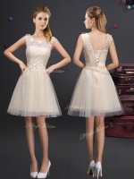 Cheap Scoop Champagne A-line Lace and Appliques and Belt Damas Dress Lace Up Tulle Sleeveless Mini Length