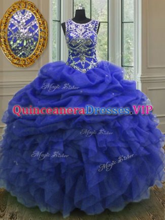 Edgy Royal Blue Quinceanera Dresses Military Ball and Sweet 16 and Quinceanera with Beading and Ruffles and Pick Ups Scoop Sleeveless Lace Up