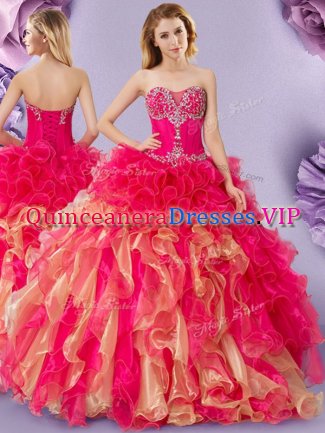 Captivating Multi-color Organza Lace Up 15 Quinceanera Dress Sleeveless Floor Length Beading and Ruffles