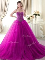 Fuchsia Sweetheart Lace Up Beading Quinceanera Gown Brush Train Sleeveless