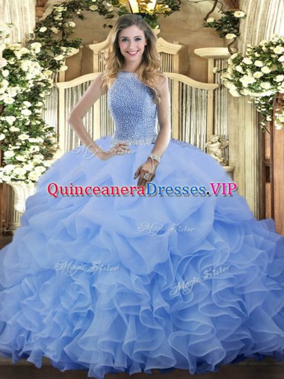 Blue Sleeveless Floor Length Beading and Ruffles and Pick Ups Lace Up Sweet 16 Dresses - Click Image to Close