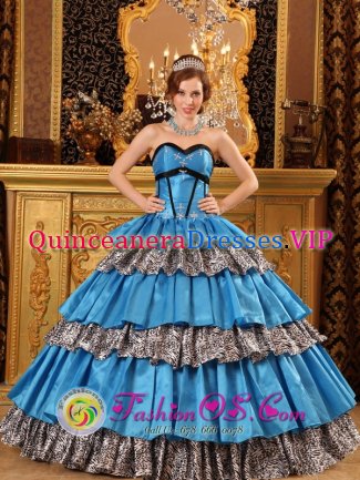 Madison Mississippi/MS Stylish Sky Blue and Leopard For Quinceanera Dress With Ruffles Layered Appliques