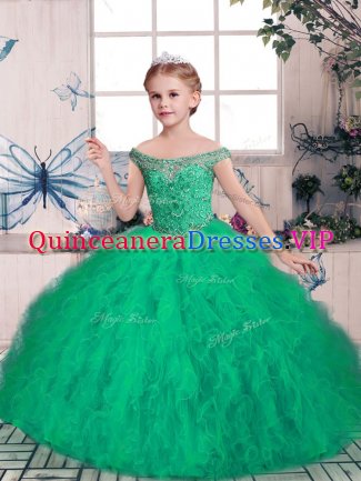 Sleeveless Tulle Floor Length Lace Up Kids Pageant Dress in Green with Beading