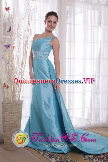 Pembroke Pines FL Lovely Blue One Shoulder Column Watteau Train Beading Taffeta Quinceanera Dama Dress For - Click Image to Close