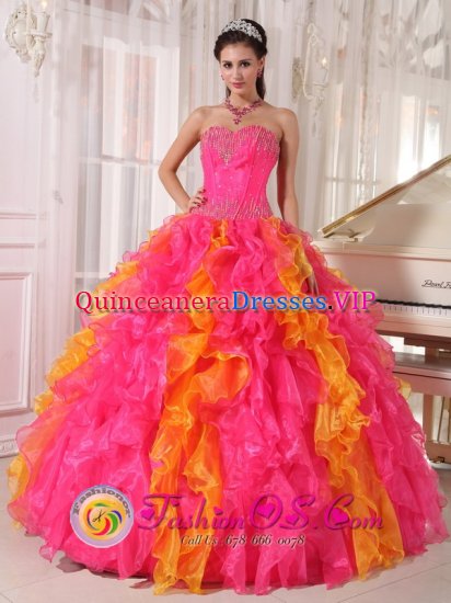 Organza Orange Red and Hot Pink Ruffles Beaded Decorate Sweetheart Chugiak Alaska/AK Quinceanera Dress For Sweet 16 - Click Image to Close