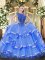 Blue Sleeveless Floor Length Beading and Ruffled Layers Zipper Vestidos de Quinceanera