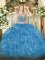 Baby Blue Two Pieces Beading and Ruffles Quince Ball Gowns Lace Up Organza Sleeveless Floor Length