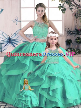 Floor Length Lace Up Quince Ball Gowns Turquoise for Sweet 16 and Quinceanera with Beading and Lace and Ruffles