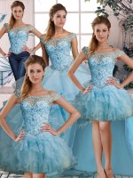 Sleeveless Organza Floor Length Lace Up Quinceanera Dress in Light Blue with Beading and Ruffles