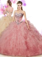 Peach Tulle Lace Up Sweetheart Sleeveless Floor Length Quince Ball Gowns Beading and Ruffles