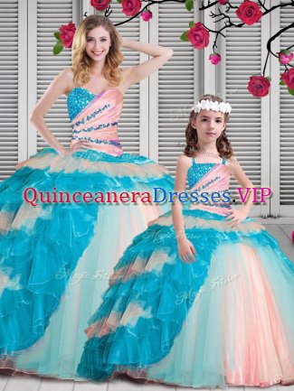 Graceful Sweetheart Sleeveless Sweet 16 Dresses Floor Length Beading and Ruching Multi-color Organza