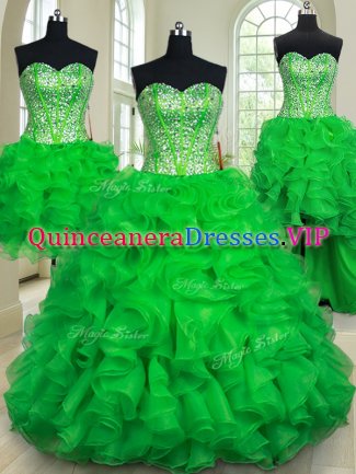 Fantastic Four Piece Green Sleeveless Organza Lace Up Vestidos de Quinceanera for Military Ball and Sweet 16 and Quinceanera