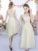 Eye-catching Tulle V-neck Sleeveless Lace Up Lace and Bowknot Dama Dress for Quinceanera in Champagne