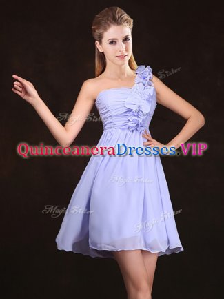 Luxurious One Shoulder Mini Length Lavender Damas Dress Chiffon Sleeveless Ruffles and Ruching