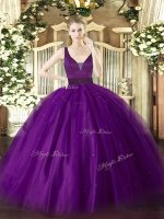 Purple Sleeveless Tulle Zipper Quinceanera Dress for Military Ball and Sweet 16 and Quinceanera