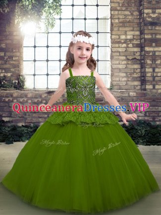 Ball Gowns Girls Pageant Dresses Olive Green Straps Tulle Sleeveless Floor Length Lace Up