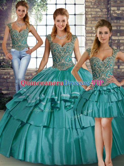 Teal Three Pieces Straps Sleeveless Taffeta Floor Length Lace Up Beading and Ruffled Layers Quinceanera Gowns - Click Image to Close