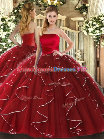 Top Selling Wine Red Ball Gowns Tulle Strapless Sleeveless Ruffled Layers Floor Length Lace Up Quinceanera Gowns - Click Image to Close