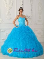 Discount Teal Quinceanera Dress Sweetheart Satin and Organza With Beading Small Ruffled Ball Gown In Phoenix AZ　