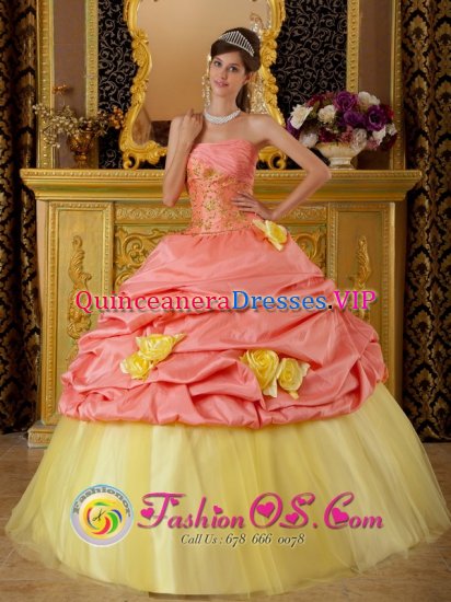 Monte Plata Dominican Republic Colorful Hand Made Flowers and Pick-ups For Watermelon and Yellow Strapless Quinceanera Dress With Taffeta and Tulle Appliques - Click Image to Close