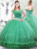 Turquoise Off The Shoulder Neckline Hand Made Flower Ball Gown Prom Dress Sleeveless Lace Up