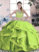 Pretty Green Scoop Lace Up Beading and Lace and Ruffles Quinceanera Dress Sleeveless