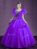 Stunning Purple Ball Gowns Organza Sweetheart Sleeveless Appliques and Ruffles Floor Length Lace Up 15th Birthday Dress(SKU YCQD0156-5BIZ)