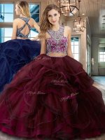 Superior Scoop Criss Cross With Train Burgundy Sweet 16 Quinceanera Dress Tulle Brush Train Sleeveless Beading and Ruffles