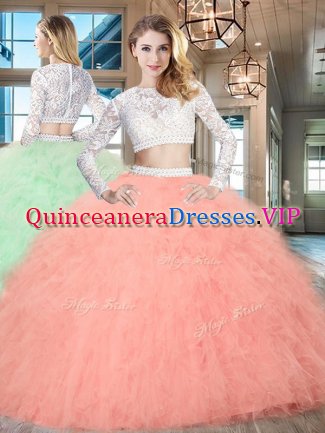 Amazing Watermelon Red Zipper Scoop Beading and Lace and Ruffles Sweet 16 Quinceanera Dress Tulle Long Sleeves