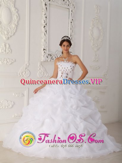 Cheap White Hand Made Flowers Quinceanera Dress With Strapless Court Train gold Beading and Ball Gown In Sedona AZ - Click Image to Close