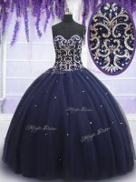 Floor Length Navy Blue Quinceanera Gowns Tulle Sleeveless Beading