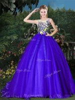 Latest Blue Quinceanera Dress Scoop Sleeveless Brush Train Zipper