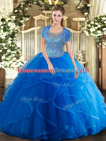 Affordable Royal Blue Ball Gowns Scoop Sleeveless Tulle Floor Length Clasp Handle Beading and Ruffles Quinceanera Gown - Click Image to Close