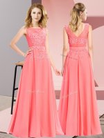 Spectacular Watermelon Red Empire Chiffon Scoop Sleeveless Beading and Appliques Floor Length Zipper Vestidos de Damas(SKU BMT0374BIZ)