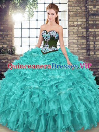 Deluxe Turquoise Sleeveless Organza Sweep Train Lace Up 15th Birthday Dress for Military Ball and Sweet 16 and Quinceanera