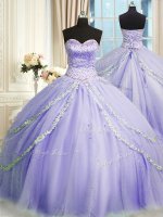 Lavender Tulle Lace Up Quinceanera Dresses Sleeveless With Train Court Train Beading and Appliques