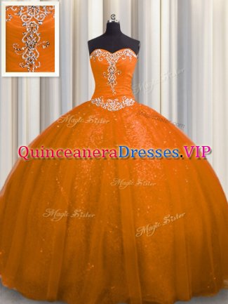 Court Train Sequined Rust Red Sleeveless With Train Beading and Appliques Lace Up Sweet 16 Dresses