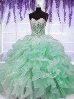 Elegant Sleeveless Organza Floor Length Lace Up Quince Ball Gowns in Apple Green with Beading and Ruffles