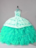 Traditional Turquoise Sleeveless Court Train Embroidery and Ruffles 15 Quinceanera Dress