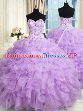 Vintage Lilac Sweetheart Lace Up Beading and Ruffles Ball Gown Prom Dress Sleeveless