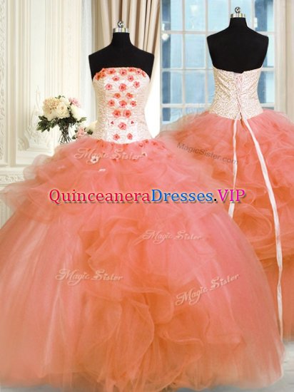 Tulle Strapless Sleeveless Lace Up Pick Ups and Hand Made Flower Quinceanera Gowns in Orange - Click Image to Close