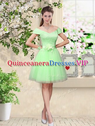 Elegant Apple Green Quinceanera Court Dresses Prom and Party with Lace and Belt V-neck Cap Sleeves Lace Up