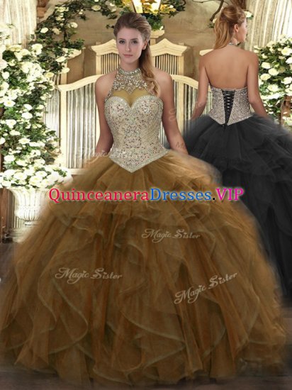 Floor Length Ball Gowns Sleeveless Brown Sweet 16 Dresses Lace Up - Click Image to Close