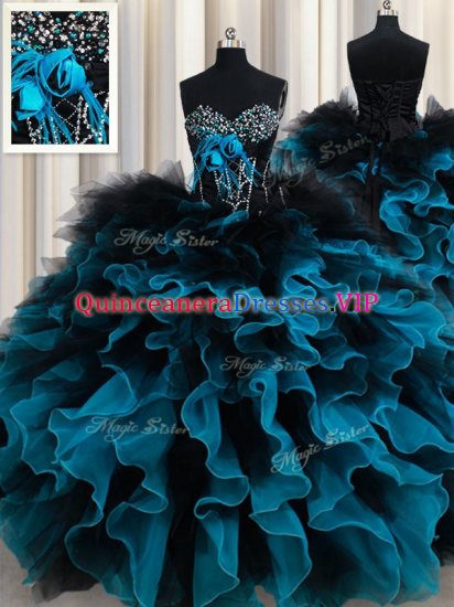 Beading and Ruffles and Hand Made Flower Military Ball Gowns Black and Blue Lace Up Sleeveless Floor Length - Click Image to Close