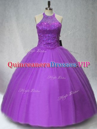 Purple Halter Top Lace Up Beading Sweet 16 Quinceanera Dress Sleeveless