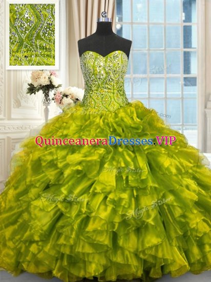 Spectacular Sweetheart Sleeveless Quinceanera Dress Brush Train Beading and Ruffles Olive Green Organza - Click Image to Close